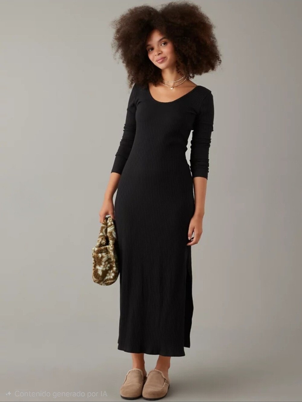 American Eagle Outfitters Black Ribbed Long Sleeve Maxi Dress with Side Slit